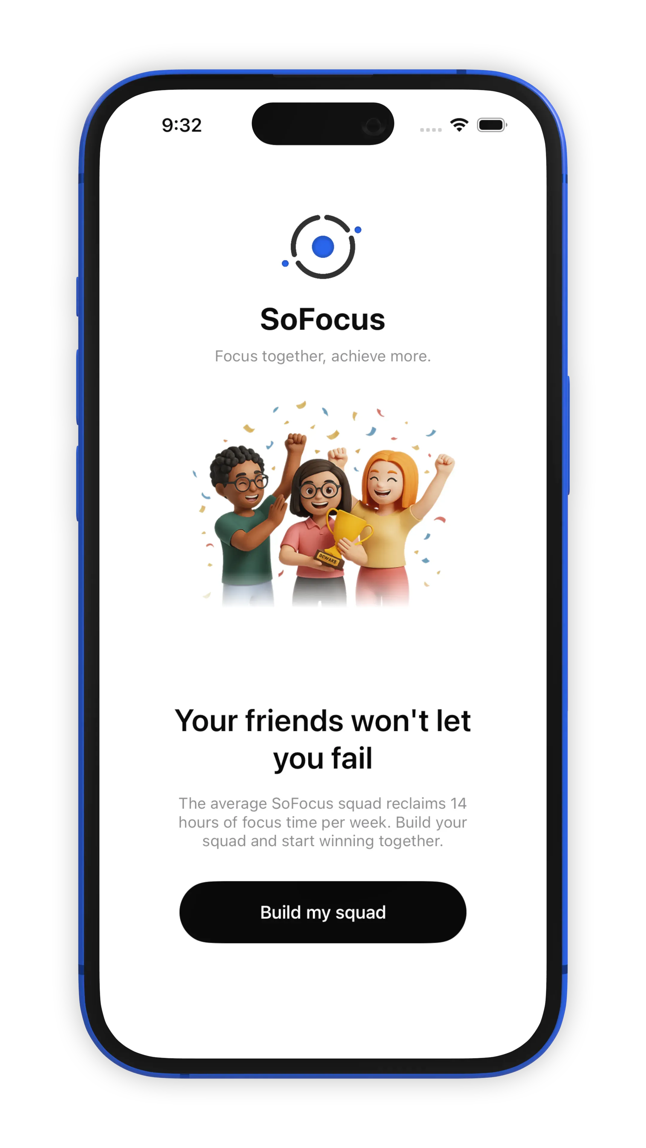 SoFocus app showing squad-based focus accountability